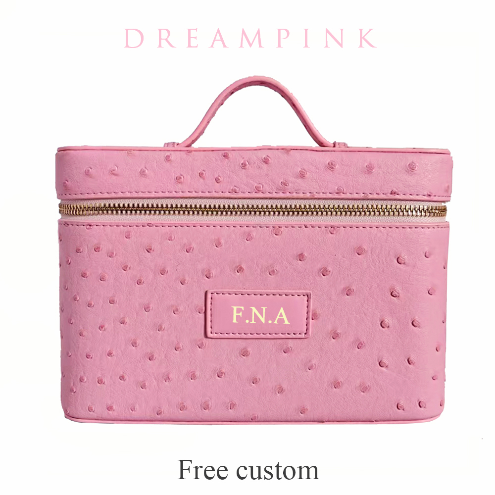 Xl Luxury Bags - 高級ダチョウモックレザー女性用メイクアップバニティバッグ、カスタムネーム入り大容量コスメオーガナイザーボックス、ハンドル付きトラベルトイレタリーバッグ