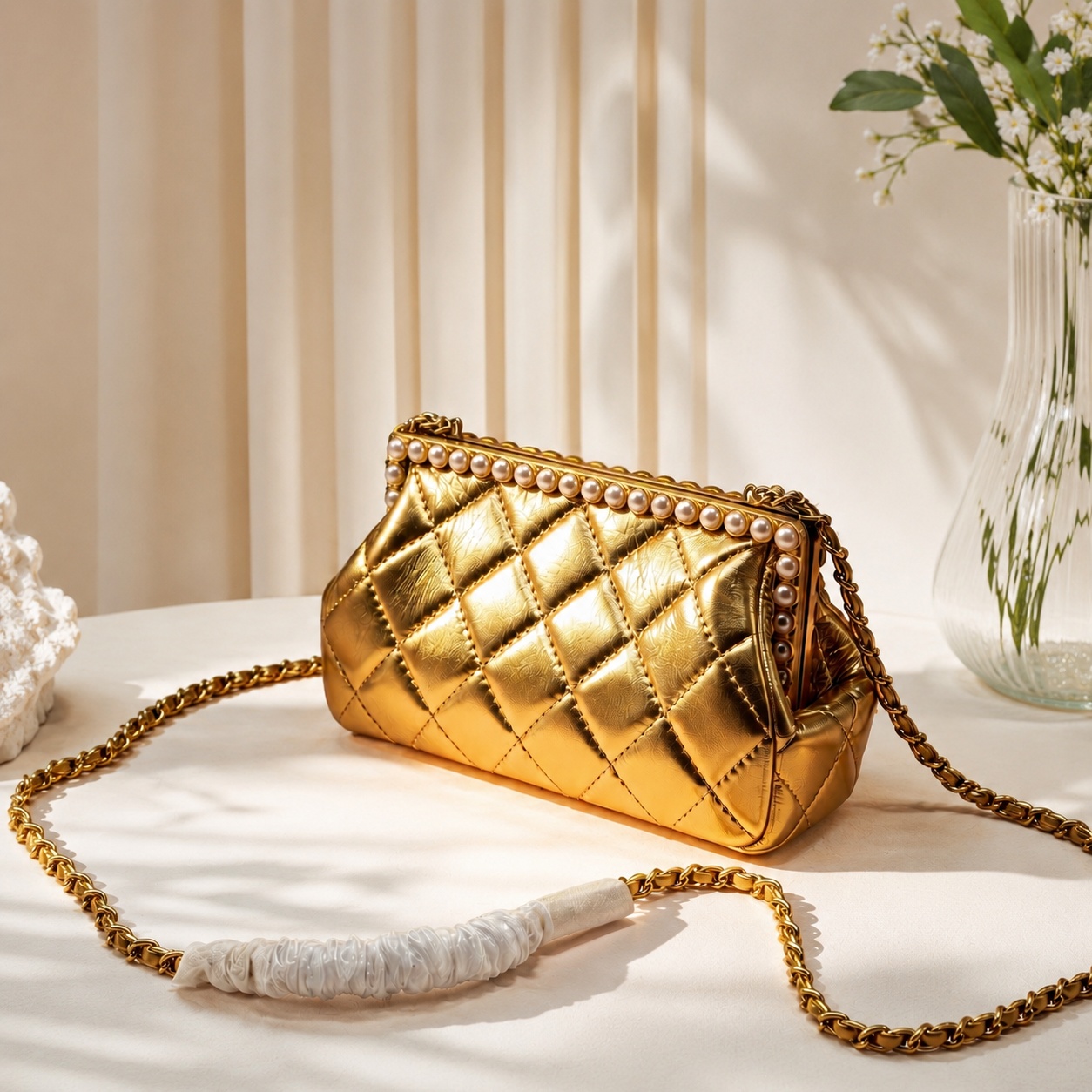 Chain Crossbody Quilted - 女性ハンドバッグ nobox スワイプダウン高級高品質パールイブニングチェーンバッグキルティングパターンハンドバッグクロスボディバッグ 20x12x7cm