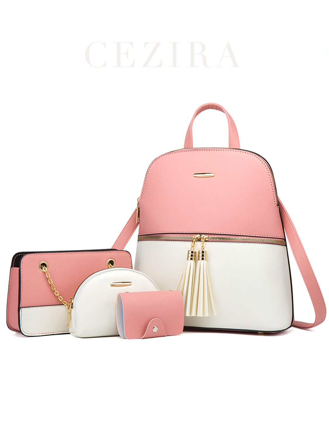 Luxury Bags Vegan Leather - 女性用PUビーガンレザーバックパック,デラックスタッセル,対照的な色,小さなチェーン財布,カードホルダー,ファッションデザインバッグセット,4個