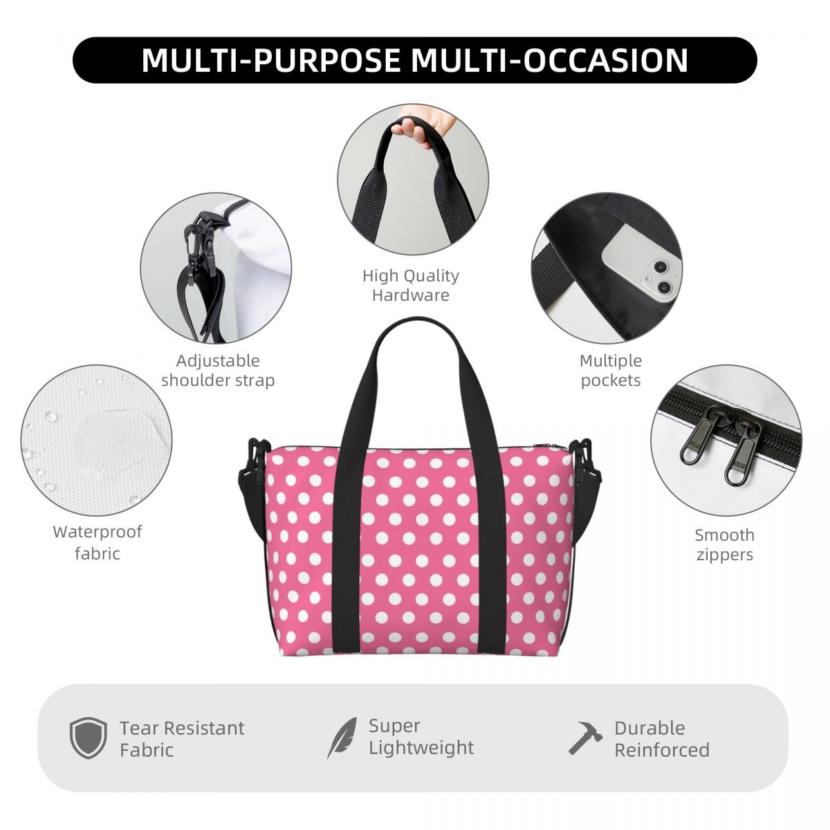 ピンク水玉トートバッグ大容量ジムスポーツ機内持ち込み荷物旅行 - Luxury Bags Luggage のレビューと価格