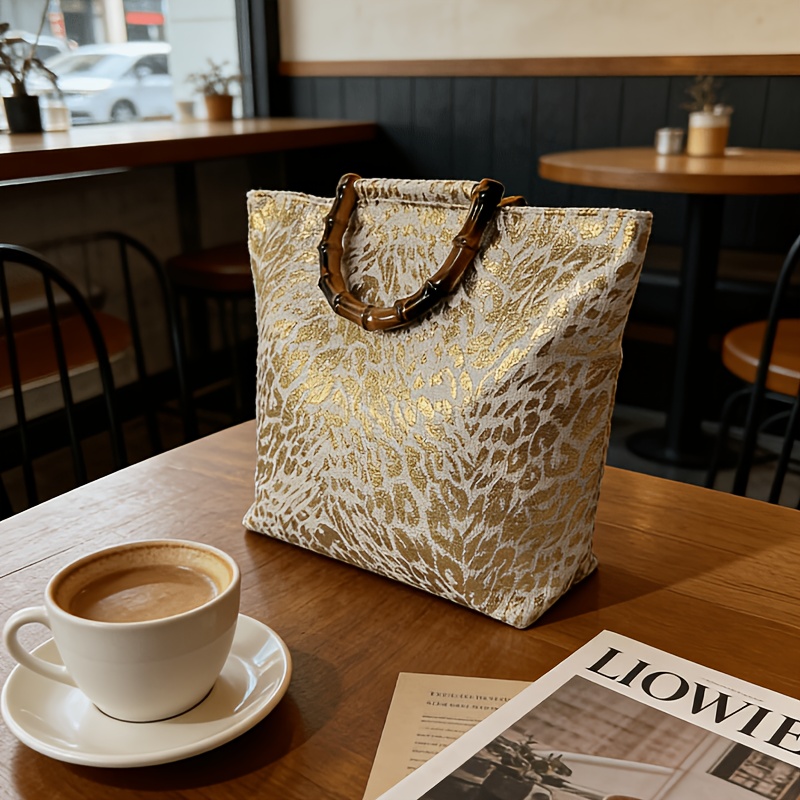 女性用大容量金箔リーフトートバッグ、竹製ハンドル軽量高級ヴィ - Xl Luxury Bags のレビューと価格