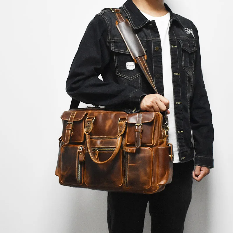 ヴィンテージメンズブラックショルダーバッグ大容量旅行高級本革 - Luxury Bags Luggage のレビューと価格